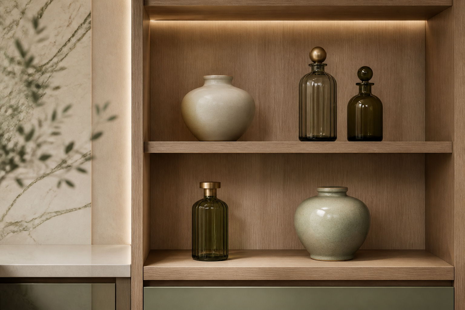 A small shelf of bottles and ceramics — a cabinet, not a catalog