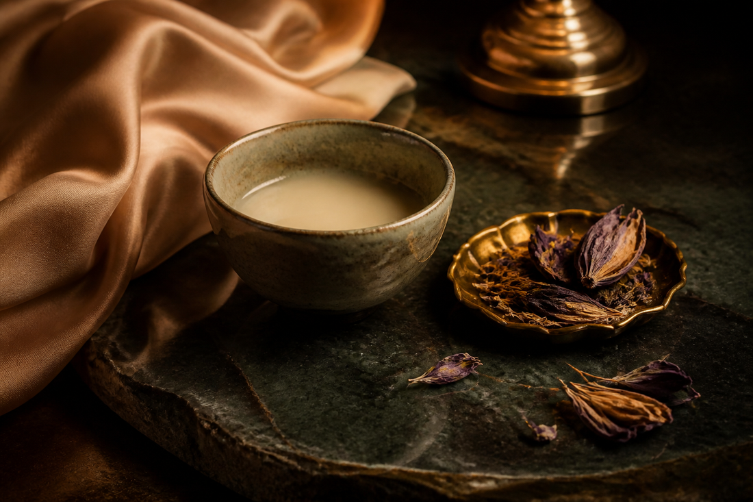 Evening tea, dried botanicals, and copper silk — slowing the room down
