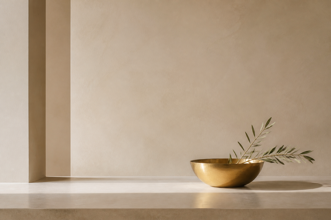 Gold bowl and olive branches on stone — luxury that does not announce itself