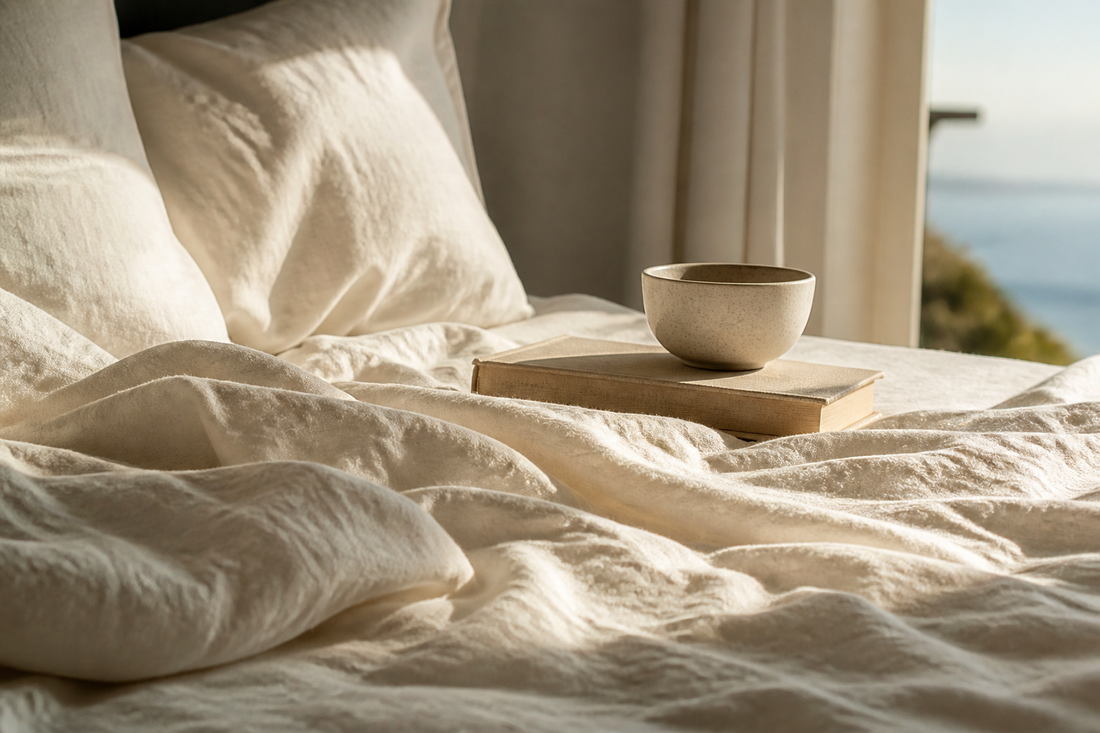 Linen, a book, and a ceramic cup in afternoon light — rest as practice