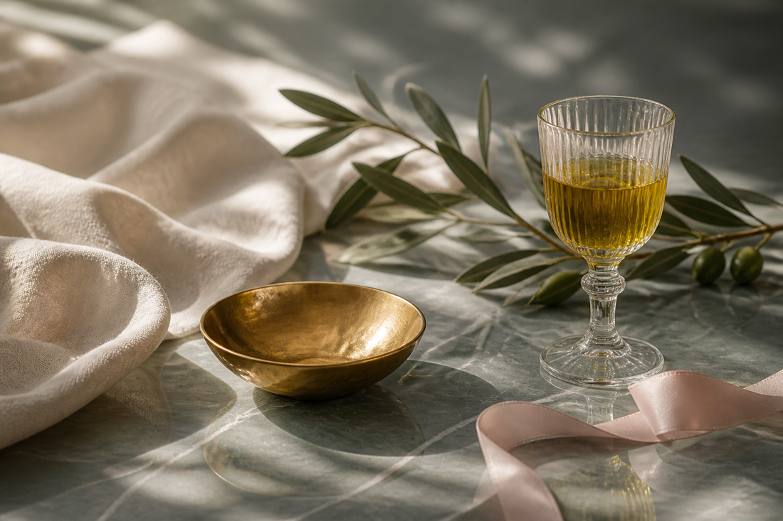 Olive branch, linen, and a glass of golden tonic — holistic care, kept simple