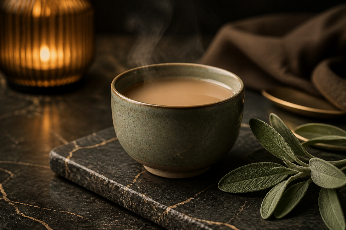 A steaming ceramic cup, sage, and candlelight — the evening, slowed