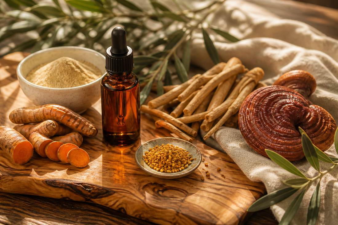 Roots, flower, and tonic on wood — vitality without the jolt
