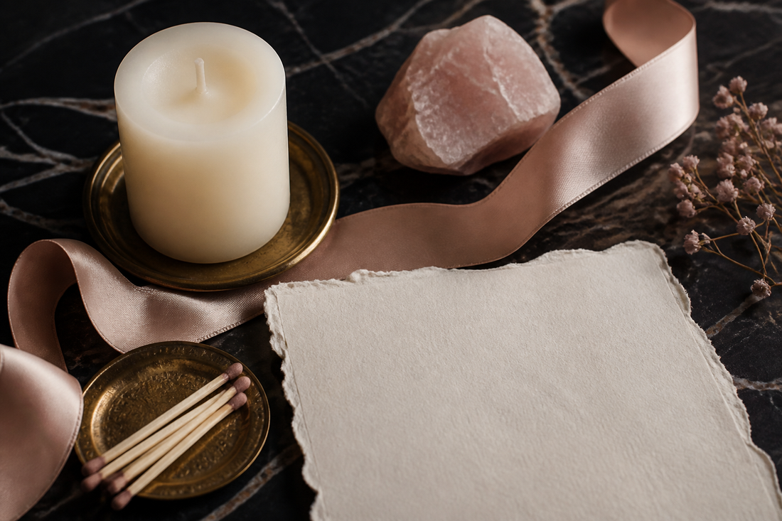 Candle, rose quartz, and a blank page — ceremony without an audience